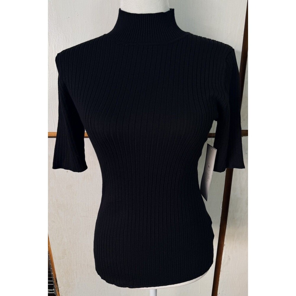 Madison Grey Women’s Ribbed Mock Neck 3/4 Sleeve Top Black NWT Size S